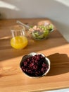 Wild Rice. Black Rice with Tuna Fish Salad Healthy Organic Sporty Athlete Food. Forbidden Rice and Orange Juice Royalty Free Stock Photo