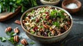 a wild rice salad, with nutty wild rice, sweet dried cranberries, crunchy pecans, and fresh herbs Royalty Free Stock Photo