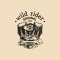 Wild Rider vector vintage motorcycle logo. Biker club sign. Garage label. Vector illustration of hand drawn motor. Royalty Free Stock Photo