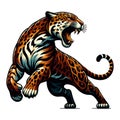 Wild roaring jaguar leopard full body vector illustration, zoology illustration, animal predator big cat design template isolated Royalty Free Stock Photo