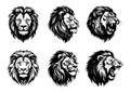 Wild roaring lion king head tattoo set. Front and side view predator face, lions heads black and white ink sketch