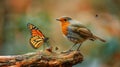 a wild robin (Erithacus rubecula) with stunning colours and a monarch butterfly Royalty Free Stock Photo