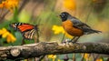 A wild robin with stunning colourful and a monarch butterfly standing on a branch Royalty Free Stock Photo