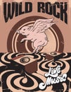 Wild rock. Live music. Vector hand drawn illustration of surreal landscape withflying pig.