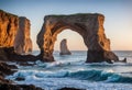 A wild and rugged coastline meets the relentless assault of crashing waves, carving out dramatic sea arches and caverns Royalty Free Stock Photo