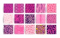 Wild safari animal seamless pattern pink collection. Vector leopard, cheetah, tiger, giraffe, zebra, snake skin texture Royalty Free Stock Photo