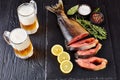 Wild salmon cut in steaks with foamed beer Royalty Free Stock Photo