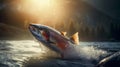 Wild salmon fish jumping from the water and swimming against the current in a high mountain river