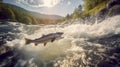 Wild salmon fish jumping from the water and swimming against the current in a high mountain river