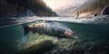 Wild salmon in a mountain river, underwater view. Generative ai