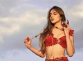 Wild sexy amazon girl. Tribal clothing. Tribal culture. Femininity and militancy. Esotericism and occultism. Spiritual Royalty Free Stock Photo