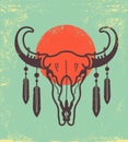 Wild skull with feathers. Vintage poster of bull skull wild west illustration on old paper texture