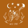 Wild Spitit. Line art fox, moon, stars and leaves Royalty Free Stock Photo