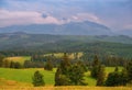 Wild spruce and mixed forests, summer green meadows, high peaks in the clouds in the background. Poland