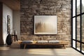 Wild stone cladding wall in bright hallway. Wooden bench near white wall with big poster frame against panoramic window