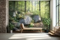 Wild stone cladding wall in bright hallway. Wooden bench near white wall with big poster frame against panoramic window