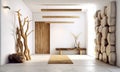 Wild stone cladding wall and wooden bench. Decorative tree trunks composition in rustic style interior design of modern entrance