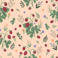 Wild strawberries and spring flowers seamless pattern Royalty Free Stock Photo