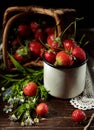 Wild strawberries in an enameled cup and a bouquet of wildflowers, close-up, low key Royalty Free Stock Photo