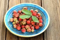 Wild strawberries Fragaria viridis in blue plate with green strawberry leaf Royalty Free Stock Photo