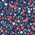 Summer seamless pattern with wild strawberries and flowers, seasonal strawberry wallpaper, cute design for fabric, interior decor Royalty Free Stock Photo