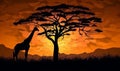 wild sunset giraffe africa silhouette nature wildlife elephant safari animal. Generative AI.