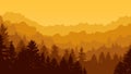 Wild sunset panorama. Forest trees, foggy hiking landscape with aerial perspective effect vector background illustration