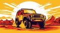 Wild SUV bashing in desert on a huge sun background. Safari off road adventure vector illustration.