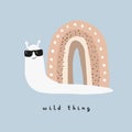 Wild Thing.Abstract Vector Art with Funny Snail. Cute Hand Drawn Snail with Rainbow House.