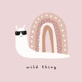 Wild Thing.Abstract Vector Art with Funny Snail. Cute Hand Drawn Snail with Rainbow House. Royalty Free Stock Photo