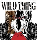 Wild thing. Vector hand drawn illustration of girl with snakes, leopard and zebra print, palm leaved and pearls .