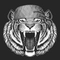 Wild tiger Cool pirate, seaman, seawolf, sailor, biker animal for tattoo, t-shirt, emblem, badge, logo, patch. Image