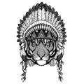 Wild tiger. Zoo. Animal wearing inidan headdress with feathers. Boho chic style illustration for tattoo, emblem, badge