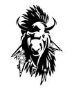 Tribal totem bison bull and native american feathered decor black vector portrait