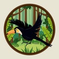 Wild toucan bird flying in the jungle circular frame