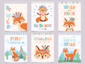 Wild tribal fox poster. Be brave, find adventure and free foxes with indian feathers and arrows cartoon posters vector