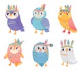 Wild tribal owl collection, night animal with colored feathers Royalty Free Stock Photo