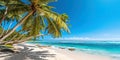 Wild tropical beach with white sand, palm trees blue water and sky, generative AI Royalty Free Stock Photo