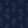 Wild tulip spring flowers stem leaves seamless pattern. Bright copper gold shiny outline dark blue navy background. Royalty Free Stock Photo