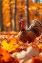Wild Turkey Surrounded by Autumn Leaves in a Forest with Vibrant Orange Foliage Royalty Free Stock Photo