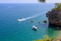 Wild Turkish beach in the Bay of the mountain coast of the Mediterranean Sea. August 7, 2022 Beldibi , Turkey Royalty Free Stock Photo