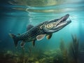 Ai Generated illustration Wildlife Concept of Wild underwater Pike. Royalty Free Stock Photo