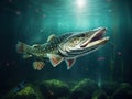 Ai Generated illustration Wildlife Concept of Wild underwater Pike. Royalty Free Stock Photo