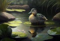 Wild variegated waterfowl duck on swamp water close-up. Generative AI.