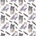 Wild watercolor hand painting pattern with animals. Repeating background. Owls.