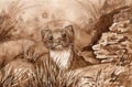 Wild weasel in the forest. Watercolor illustration. Wildlife animal by the log. European brown stoat. Small fur europe