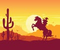 Wild West American desert. Vector Texas prairie landscape with cowboy on horse Royalty Free Stock Photo