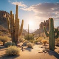 Wild west arid desert landscape with iconic rock formations and giant cacti. sunset