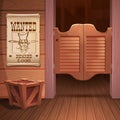 Wild west background scene - door of the saloon and poster with cowboy face and the inscription is wanted. Royalty Free Stock Photo