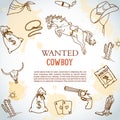 Wild West background. Wanted cowboy text. American cowboy rodeo poster with typography Hand drawn vector